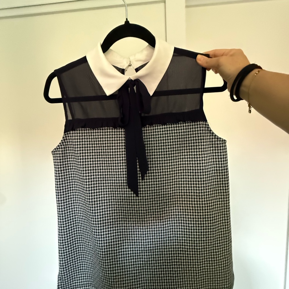 Cece Houndstooth Bow Neck Collared Blouse
